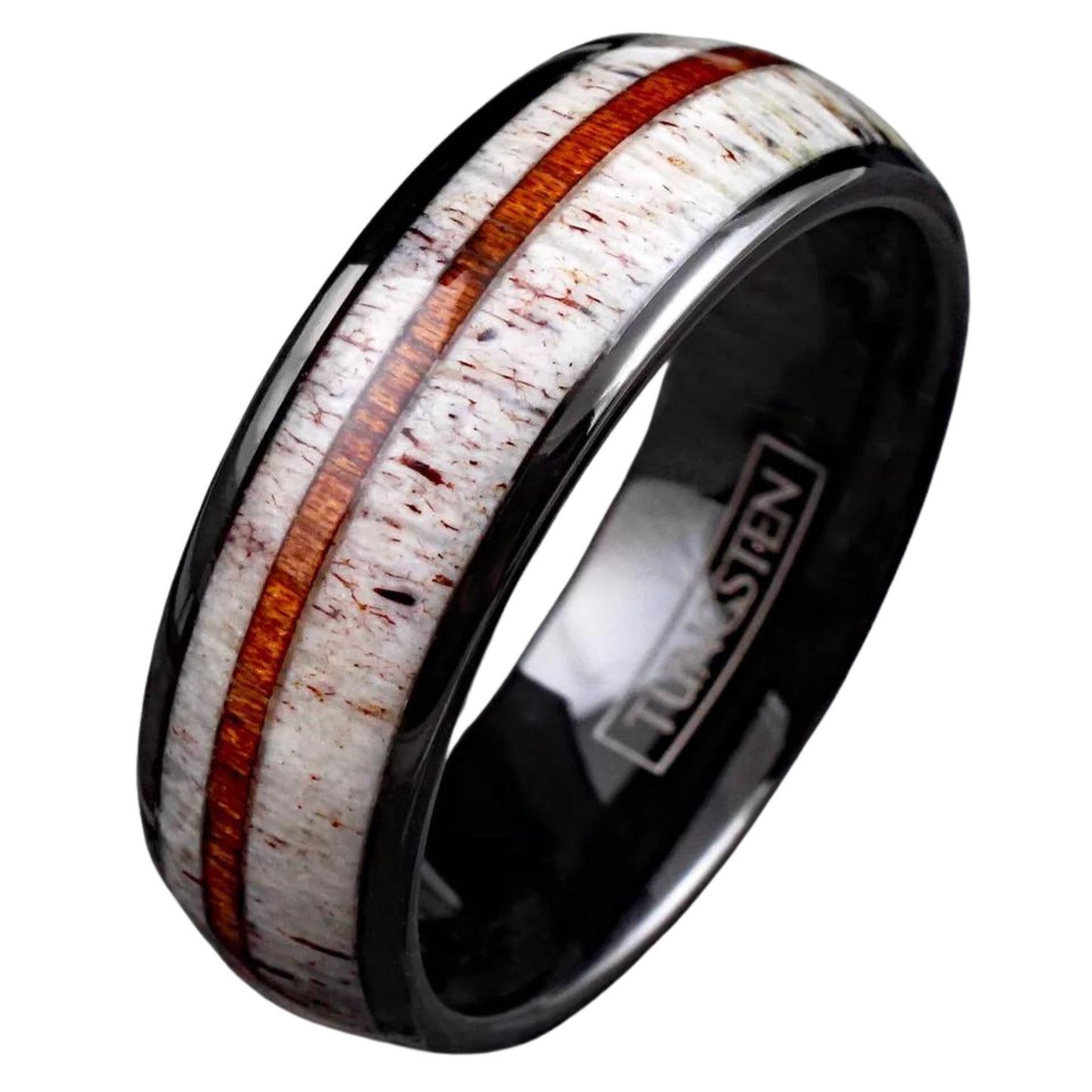 Men’s Deer Antler w/ Sandalwood Stripe Engagement Band | Black Tungsten Men's Ring | Gift for Father | Minimalist Gift