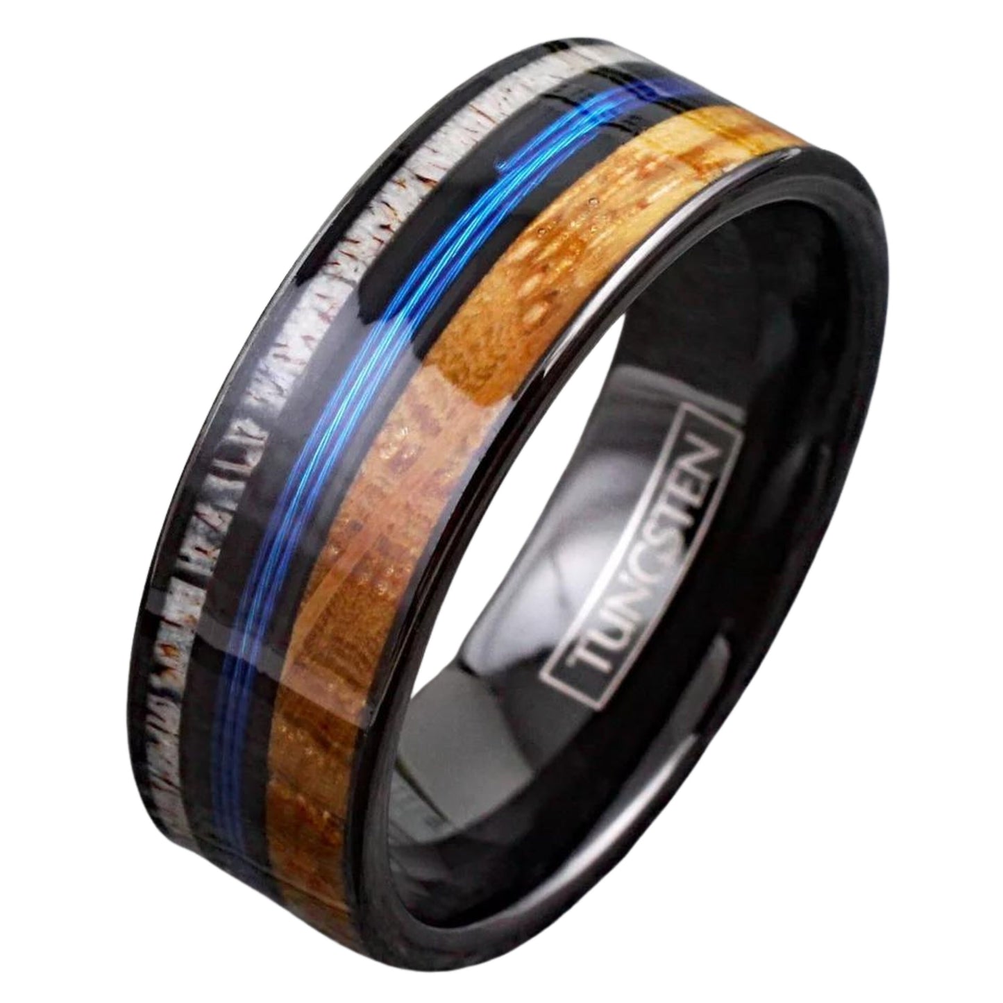 Blue Fishing Line, Deer Antler & Whiskey Barrel Wood Band for Men | Black Tungsten Men's Ring | Personalization Available