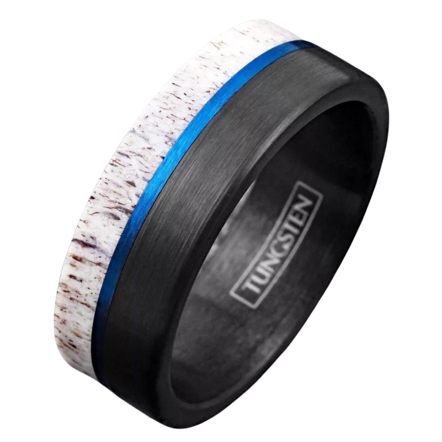 Customizable Men's Deer Antler w/ Blue Stripe Tungsten Ring | Wedding Band for Men | Gift for Him | Dainty Jewelry