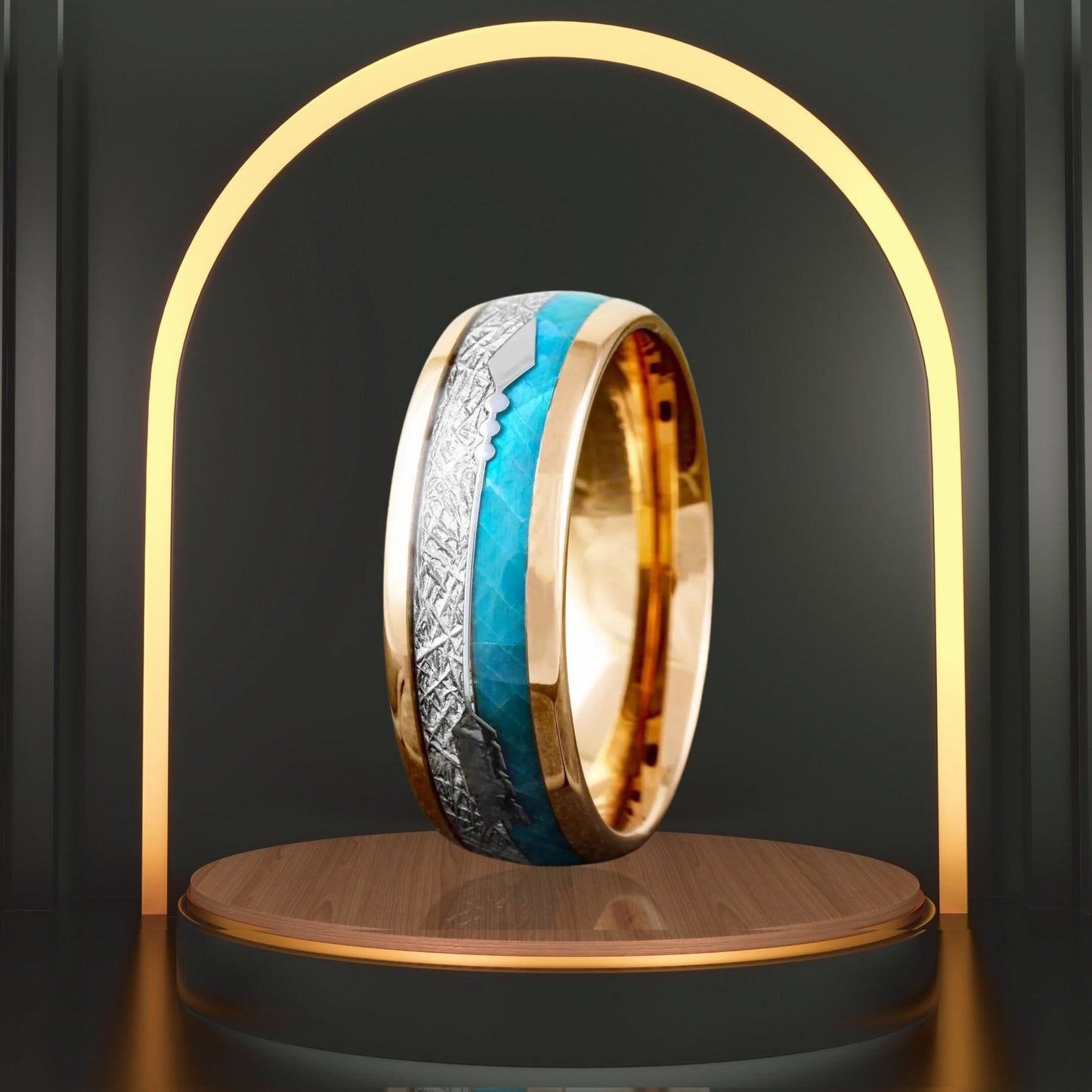 Personalized Rose Gold Plated Tungsten Ring | Faux Blue Opal & Meteorite Wedding Band Ring | Gift for Men