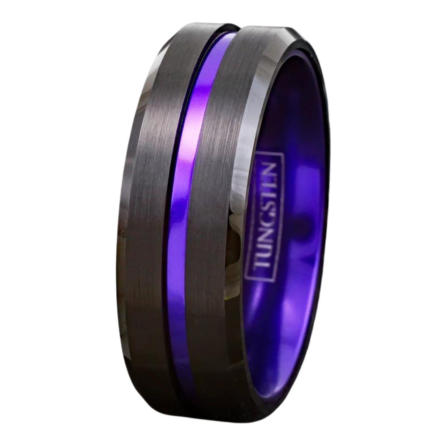 Personalized 6/8mm Purple Stripe Wedding Band | Black Tungsten Ring for Her | Engraving Available | Best Gift for Her