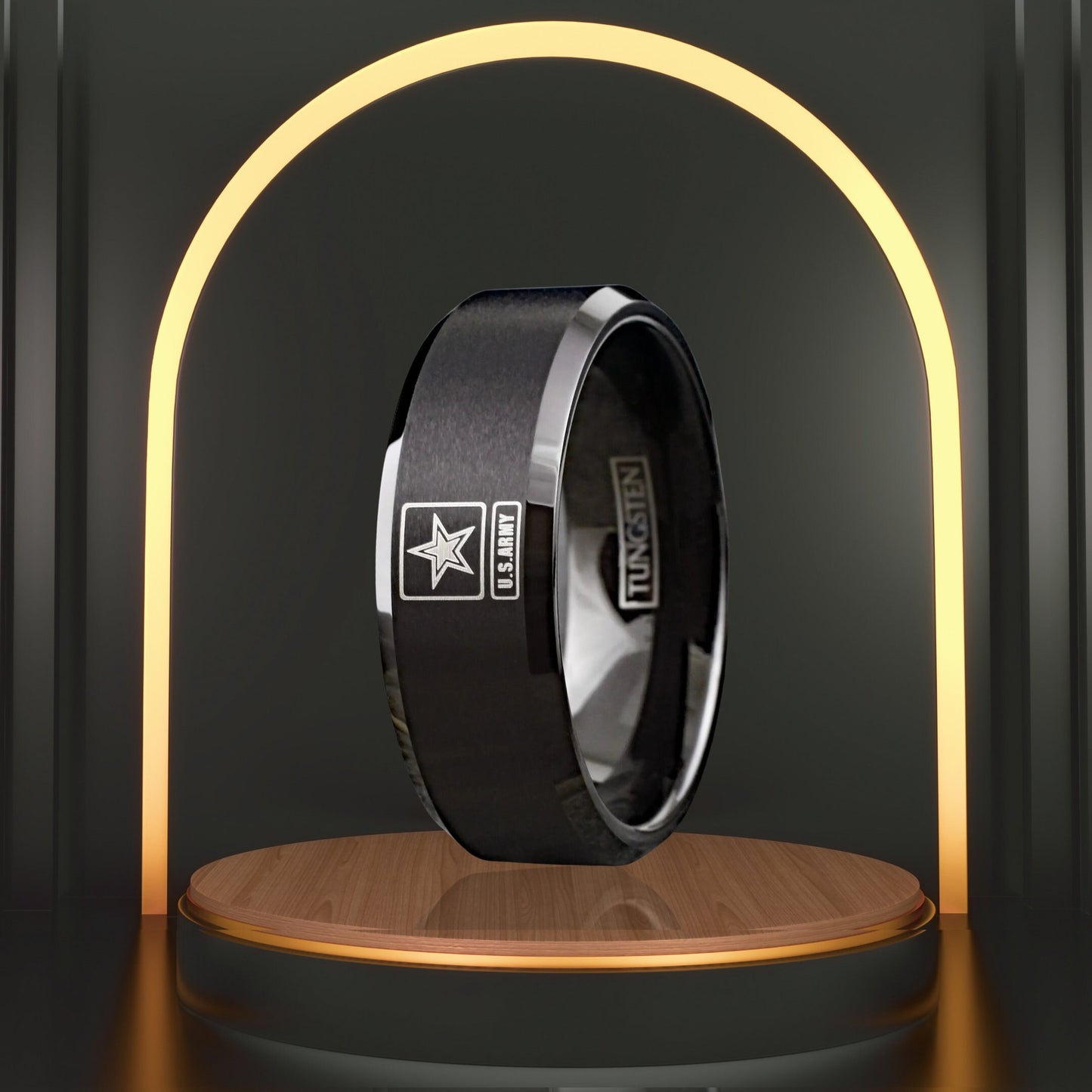 Personalized Patriotic United States U.S. Army Military Wedding Band | Black Tungsten Carbide Men's Ring | 8mm Width Ring Band