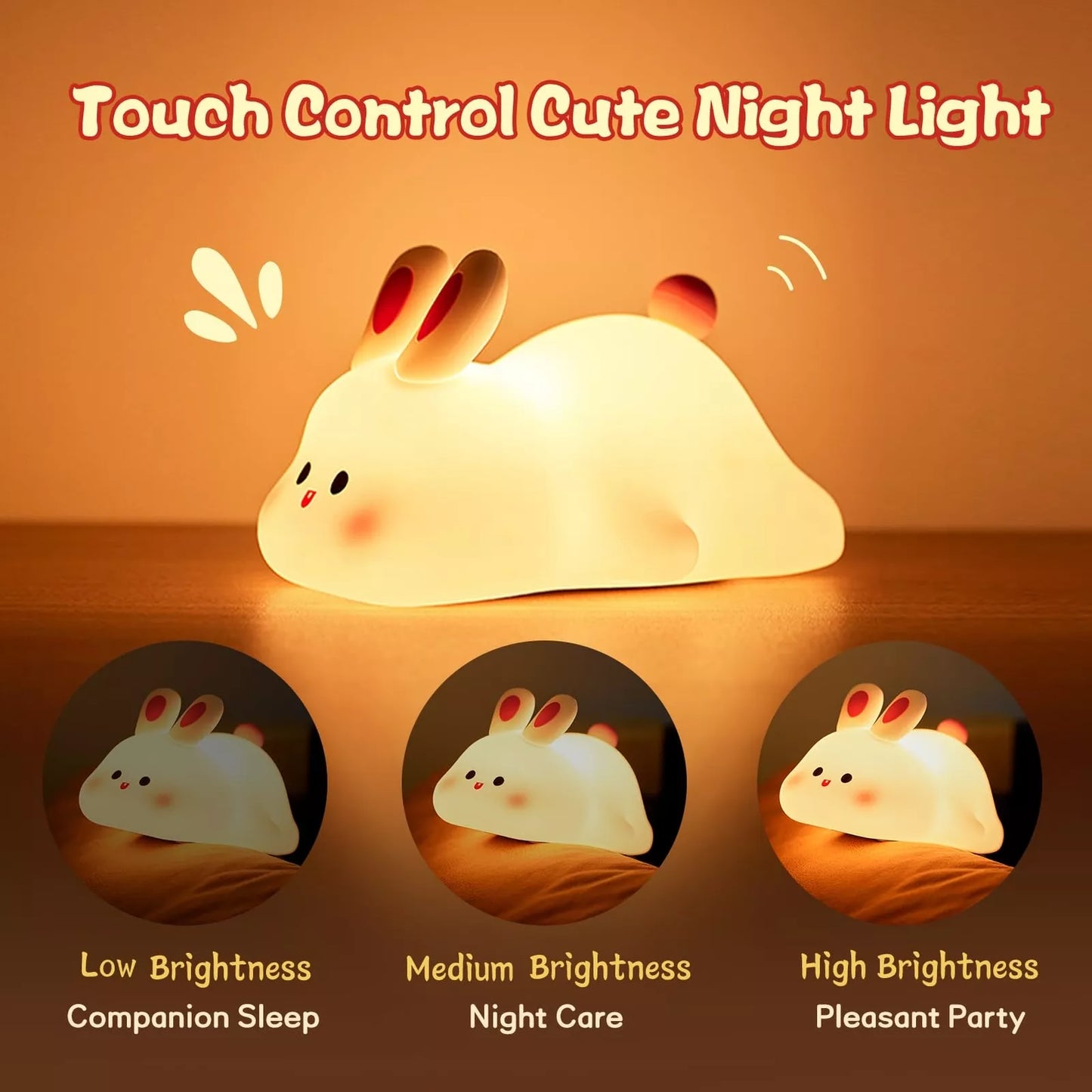 Big Face Rabbit LED Bunny Night Light Touch Sensor, Silicone Bedside Lamp