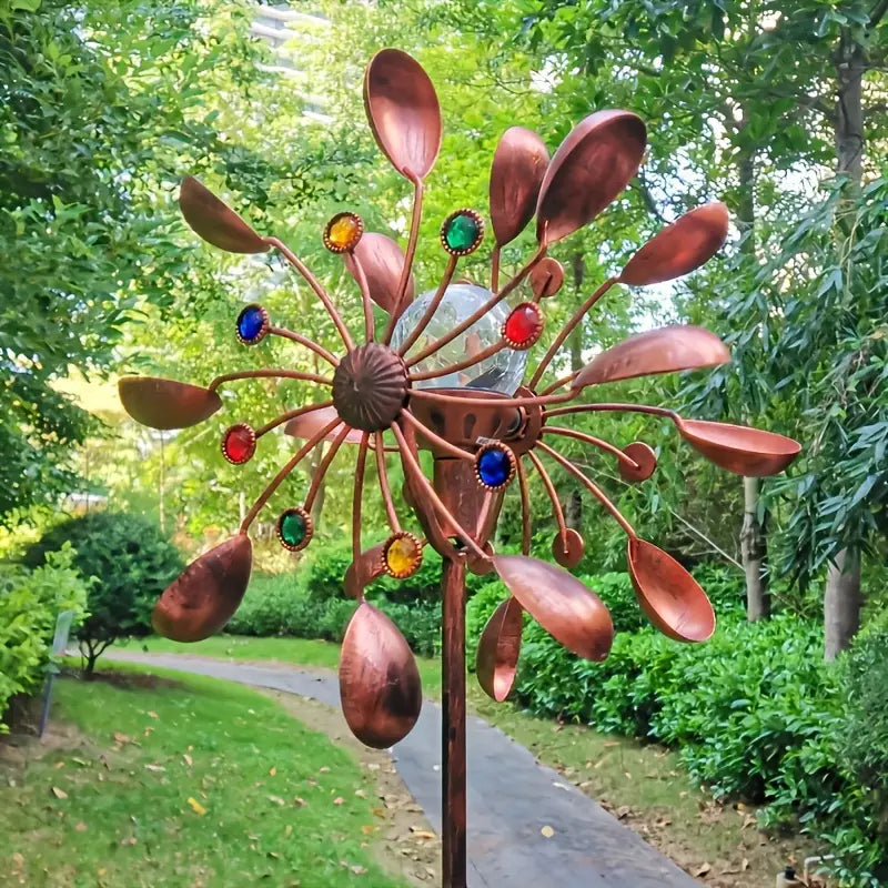 Solar Luminescence Metal Wind Spinner Windmill, Powder Coated Metal Outdoor Spinner Double Windmill, Including Ground Stakes For Outdoor Patio And Garden Decoration