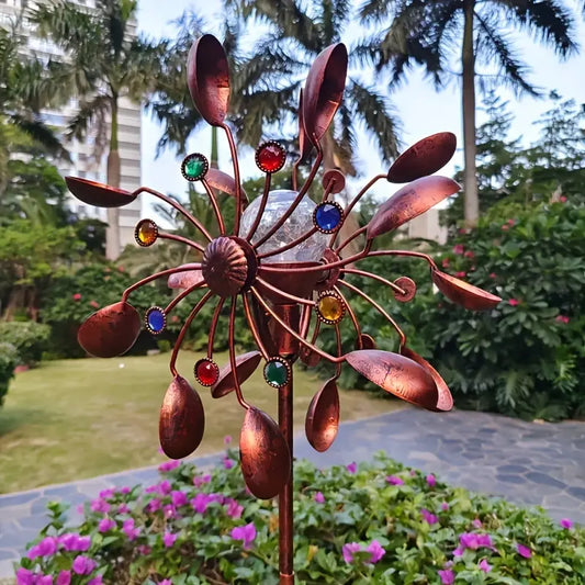 Solar Luminescence Metal Wind Spinner Windmill, Powder Coated Metal Outdoor Spinner Double Windmill, Including Ground Stakes For Outdoor Patio And Garden Decoration