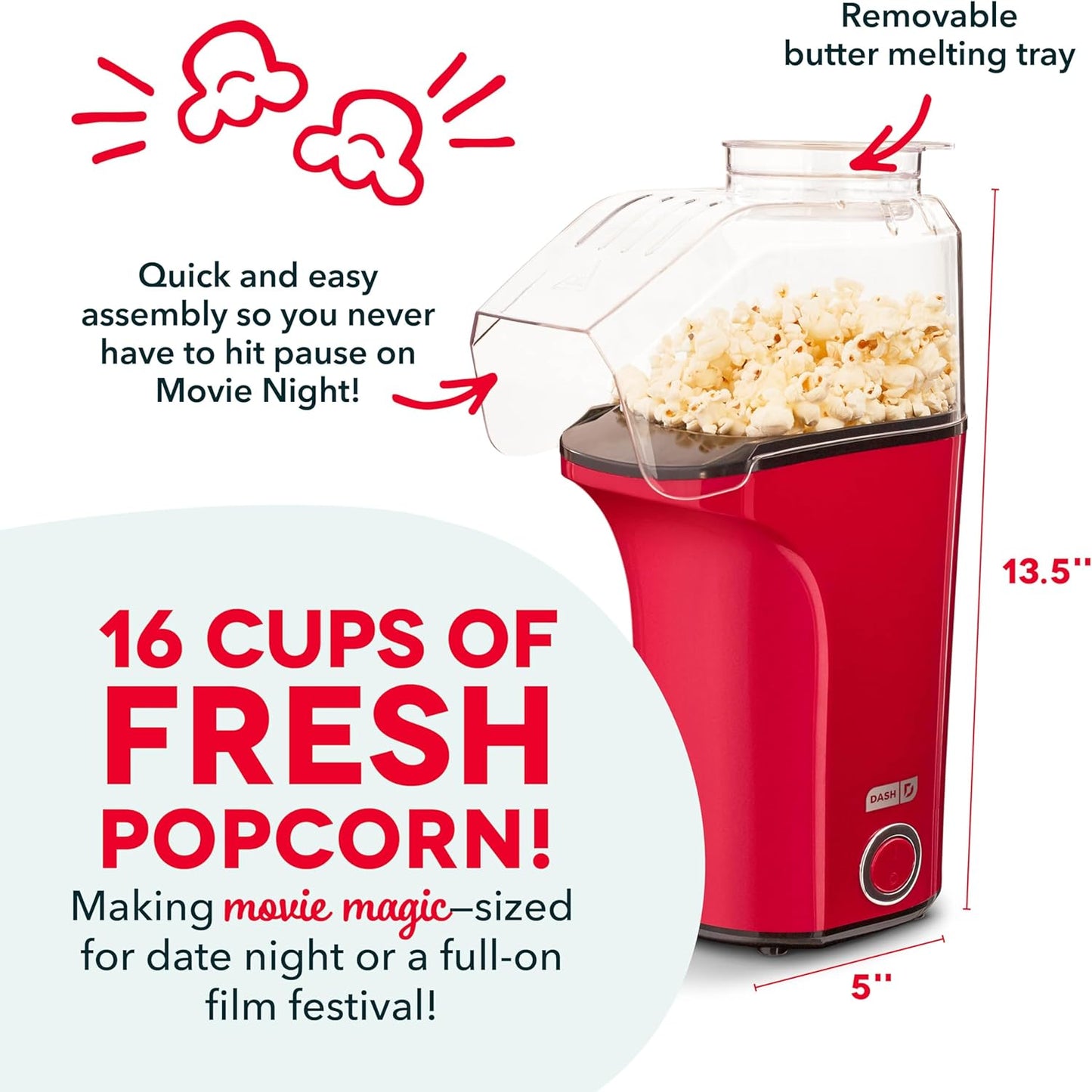 DASH Hot Air Popcorn Popper Maker with Measuring Cup to Portion Popping Corn Kernels