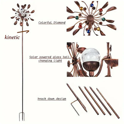 Solar Luminescence Metal Wind Spinner Windmill, Powder Coated Metal Outdoor Spinner Double Windmill, Including Ground Stakes For Outdoor Patio And Garden Decoration