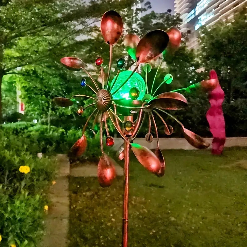 Solar Luminescence Metal Wind Spinner Windmill, Powder Coated Metal Outdoor Spinner Double Windmill, Including Ground Stakes For Outdoor Patio And Garden Decoration