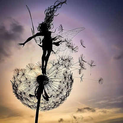 Dancing Fairy and Dandelion, Garden Art Sculpture, Stainless Steel Statue, Festival Decoration, Outdoor Courtyard, Lawn, Terrace Metal Decoration Halloween Christmas Gift