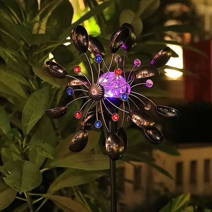 Solar Luminescence Metal Wind Spinner Windmill, Powder Coated Metal Outdoor Spinner Double Windmill, Including Ground Stakes For Outdoor Patio And Garden Decoration