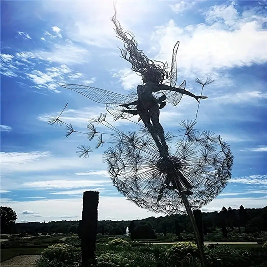 Dancing Fairy and Dandelion, Garden Art Sculpture, Stainless Steel Statue, Festival Decoration, Outdoor Courtyard, Lawn, Terrace Metal Decoration Halloween Christmas Gift