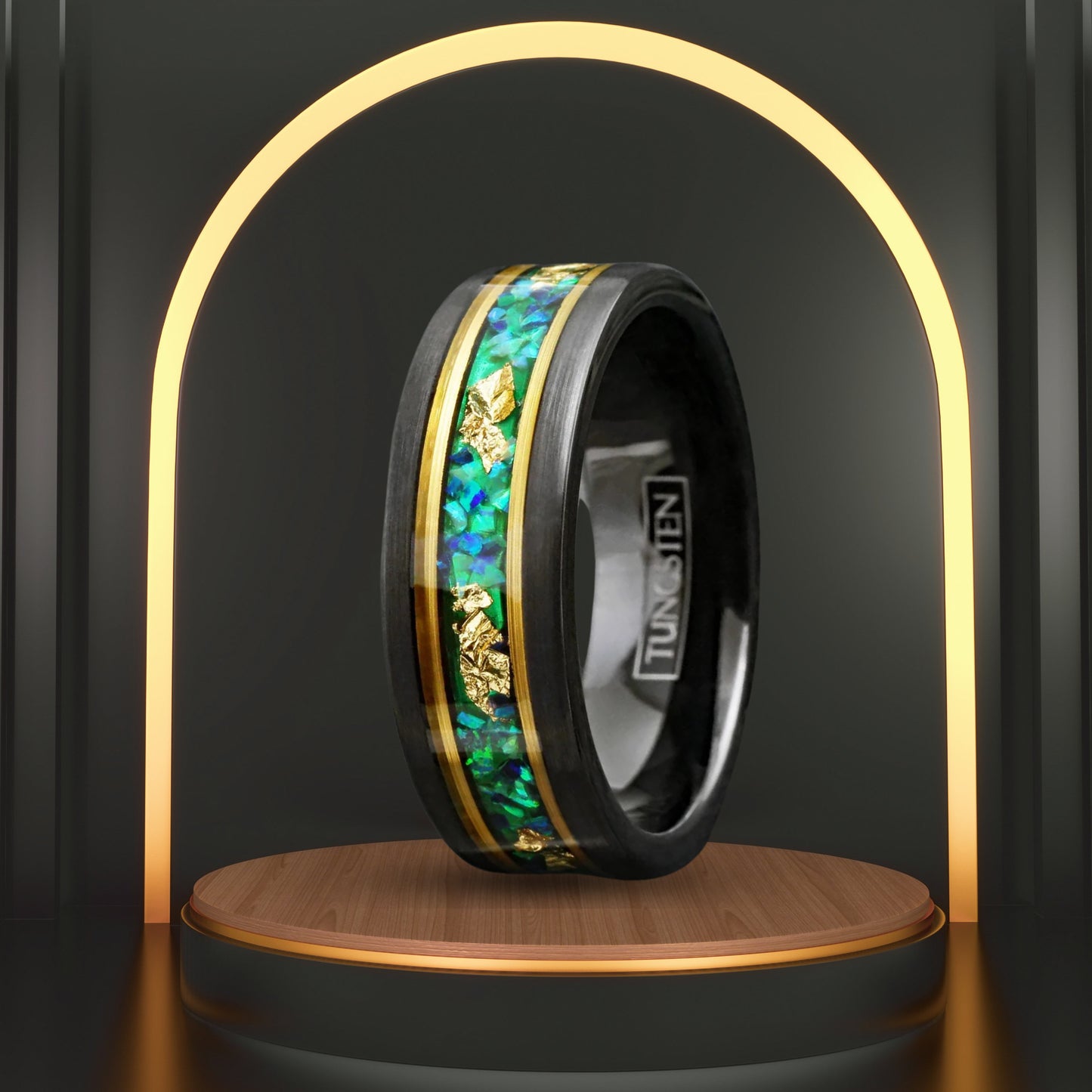 Mens Engagement Style Ring | Unique Green Opal w/ Gold Foil Leaf | Minimalist Ring Band for Boys | Statement Rings | 8mm Width