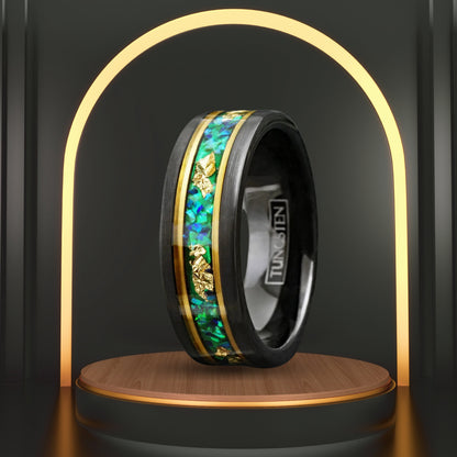 Mens Engagement Style Ring | Unique Green Opal w/ Gold Foil Leaf | Minimalist Ring Band for Boys | Statement Rings | 8mm Width