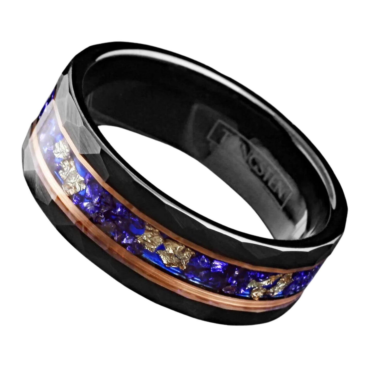 Hand Hammered Blue Sapphire w/ Gold Foil Leaf Wedding Band | Black Tungsten Ring Band | All sizes available | 8mm Width