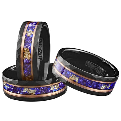 Hand Hammered Blue Sapphire w/ Gold Foil Leaf Wedding Band | Black Tungsten Ring Band | All sizes available | 8mm Width