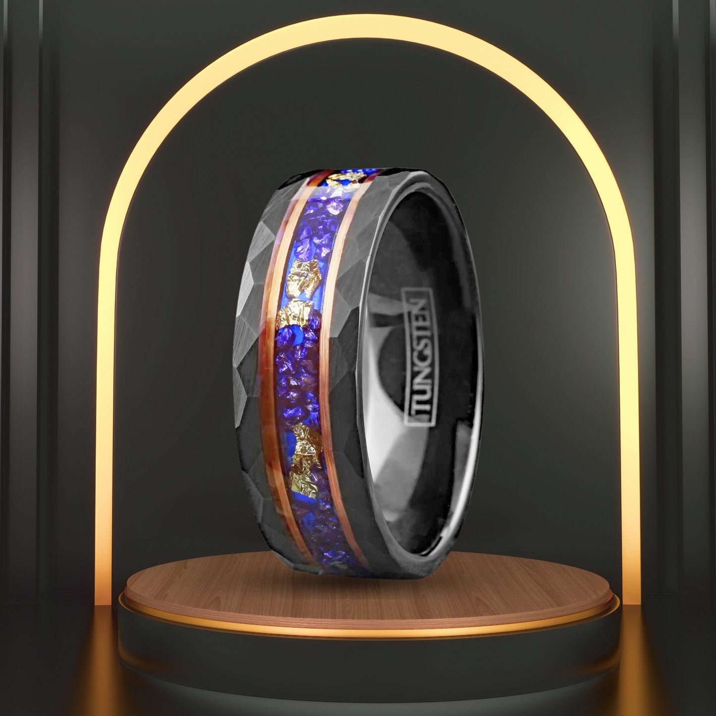 Hand Hammered Blue Sapphire w/ Gold Foil Leaf Wedding Band | Black Tungsten Ring Band | All sizes available | 8mm Width