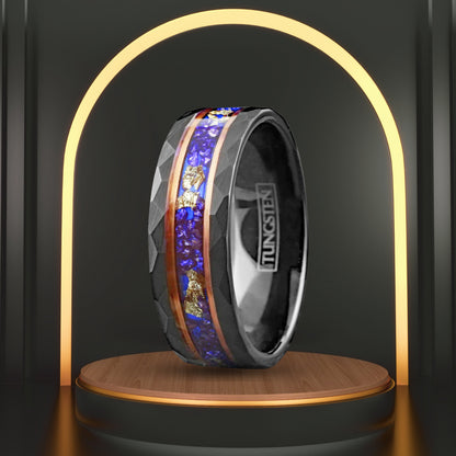 Hand Hammered Blue Sapphire w/ Gold Foil Leaf Wedding Band | Black Tungsten Ring Band | All sizes available | 8mm Width