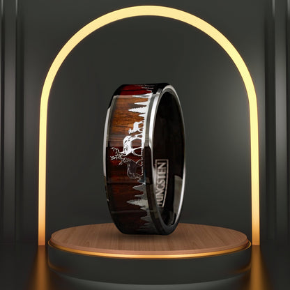 Deer Animal Family Band for Men | Black Tungsten and Natural Forest Wood Ring | Personalized Jewelry for Him | 8mm Width