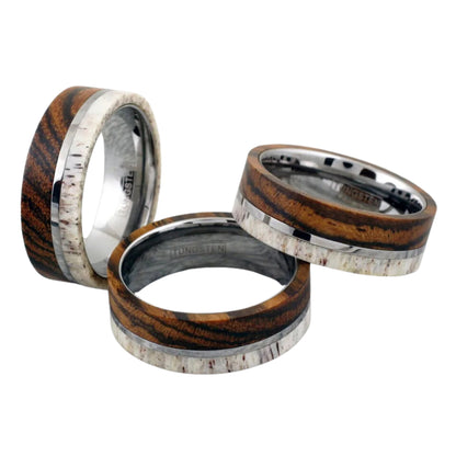 Wood - Bocote |  Antler - Deer Band Ring | 8mm Tungsten Carbide Men's Statement Ring | Unique Silver Inlay Style | 8mm Width