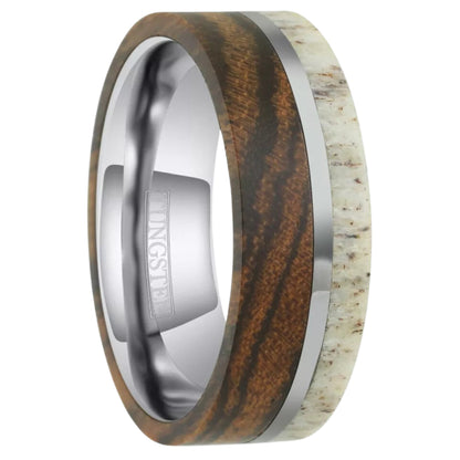 Wood - Bocote |  Antler - Deer Band Ring | 8mm Tungsten Carbide Men's Statement Ring | Unique Silver Inlay Style | 8mm Width