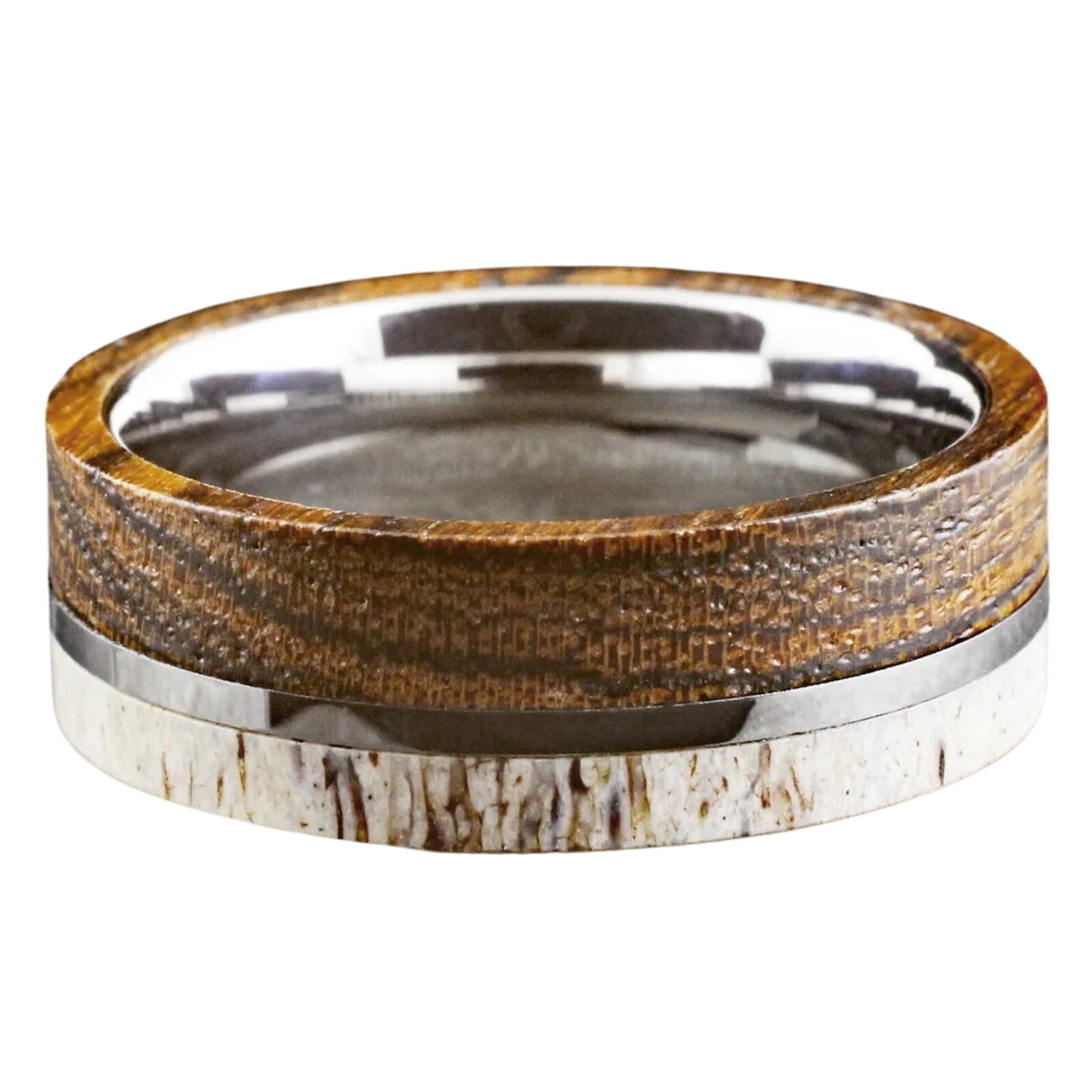 Wood - Bocote |  Antler - Deer Band Ring | 8mm Tungsten Carbide Men's Statement Ring | Unique Silver Inlay Style | 8mm Width