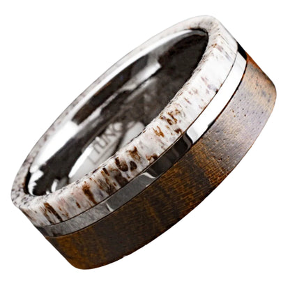 Wood - Bocote |  Antler - Deer Band Ring | 8mm Tungsten Carbide Men's Statement Ring | Unique Silver Inlay Style | 8mm Width