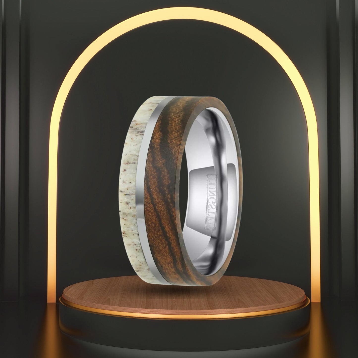 Wood - Bocote |  Antler - Deer Band Ring | 8mm Tungsten Carbide Men's Statement Ring | Unique Silver Inlay Style | 8mm Width