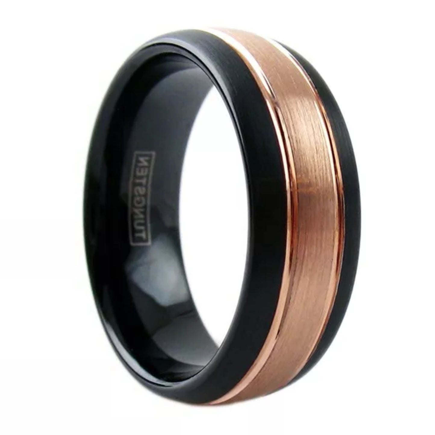 Personalized Brushed Rose Gold Plated Engravable Wedding Band | 8mm Grooved Tungsten Men's Ring | All Sizes available