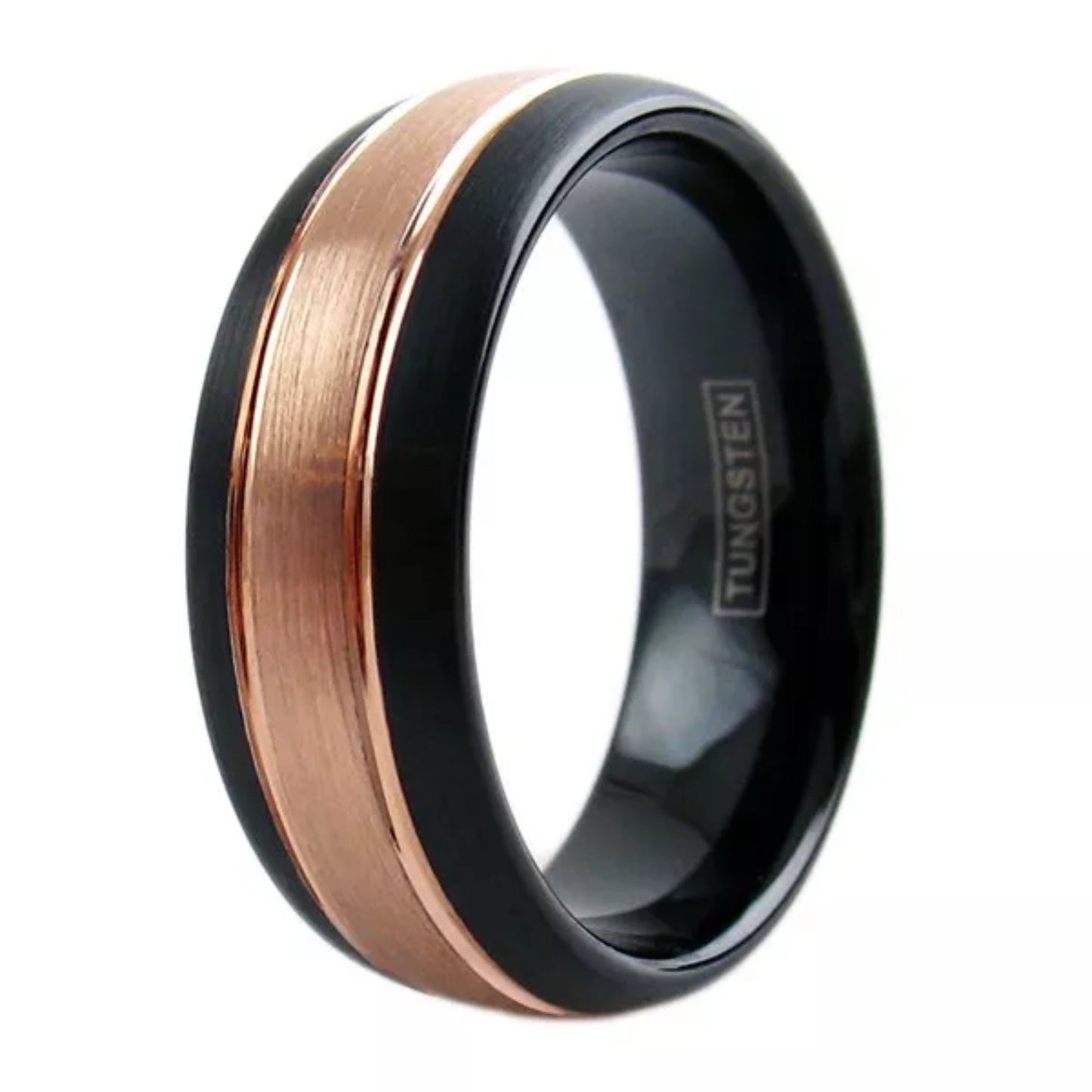 Personalized Brushed Rose Gold Plated Engravable Wedding Band | 8mm Grooved Tungsten Men's Ring | All Sizes available