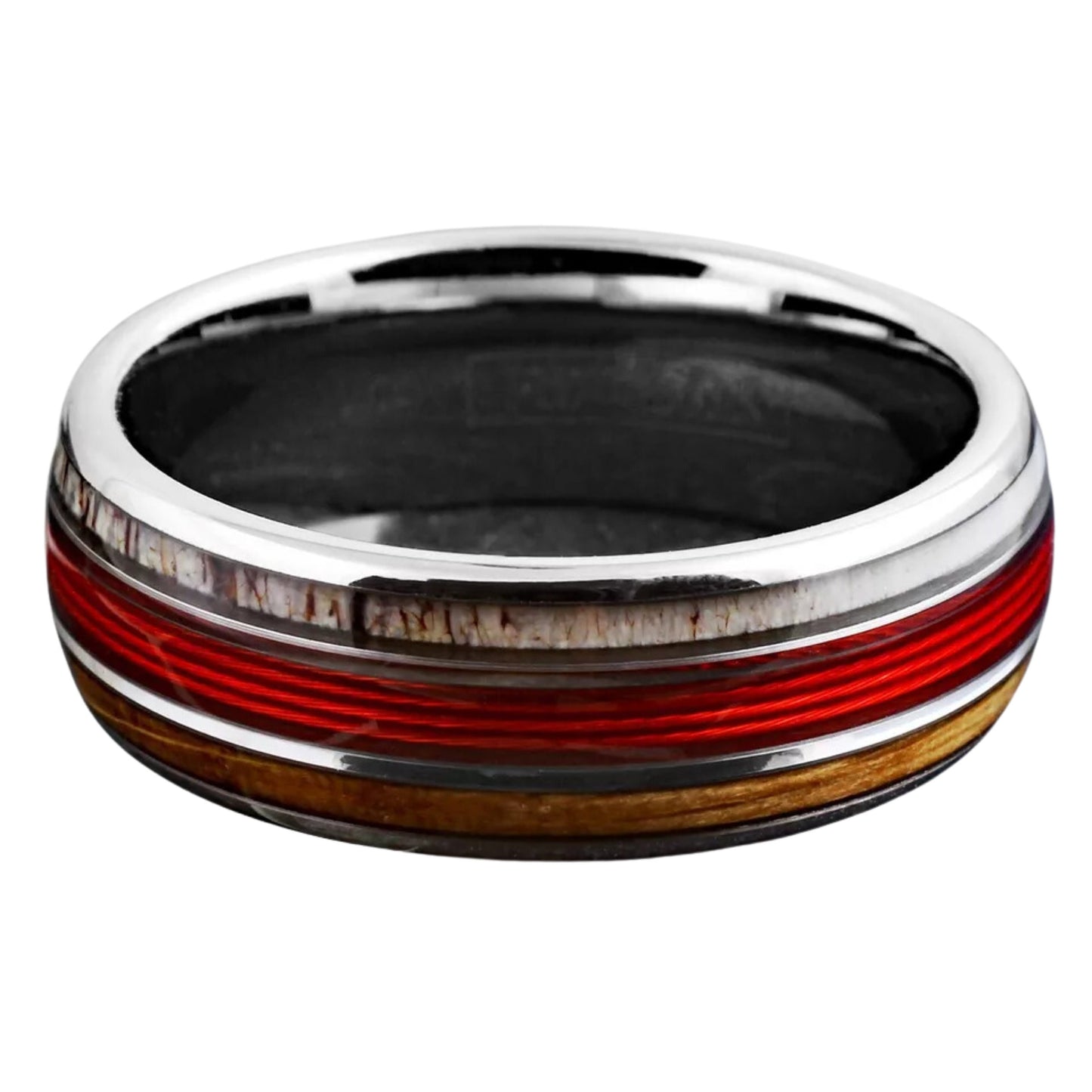 Minimalist Engravable Red Fishing Line-Whiskey Barrel & Deer Antler Band | Black Tungsten Ring for Engagement | Unique Gift