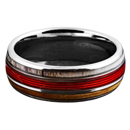 Minimalist Engravable Red Fishing Line-Whiskey Barrel & Deer Antler Band | Black Tungsten Ring for Engagement | Unique Gift