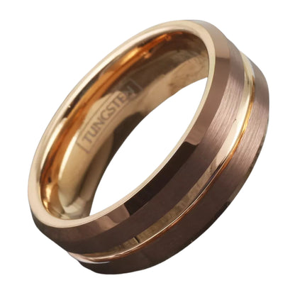 Personalized 8mm Bronze-Brown Tungsten Men's Ring | Rose Gold Plated Stripe Wedding Band for Groomsmen