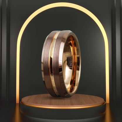 Personalized 8mm Bronze-Brown Tungsten Men's Ring | Rose Gold Plated Stripe Wedding Band for Groomsmen