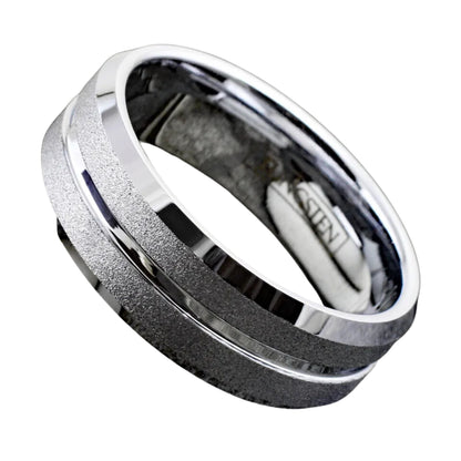 Black and Silver Sand Blast Tungsten Band | Men's Silver Inlay Groove Wedding Band Ring | Gift for Father | 8mm Elegant Ring