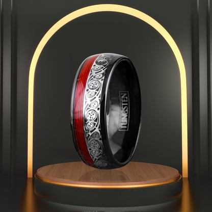 Father’s Day Gift | Black Tungsten Men's Band Ring | Clockwork Gears & Red Wire Wedding Band | 8mm Size 9 Rings