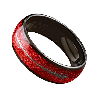 Engravable Red Meteorite w/ Silver Arrow Wedding Band | Black Tungsten Men's Ring | Father’s Day Gift