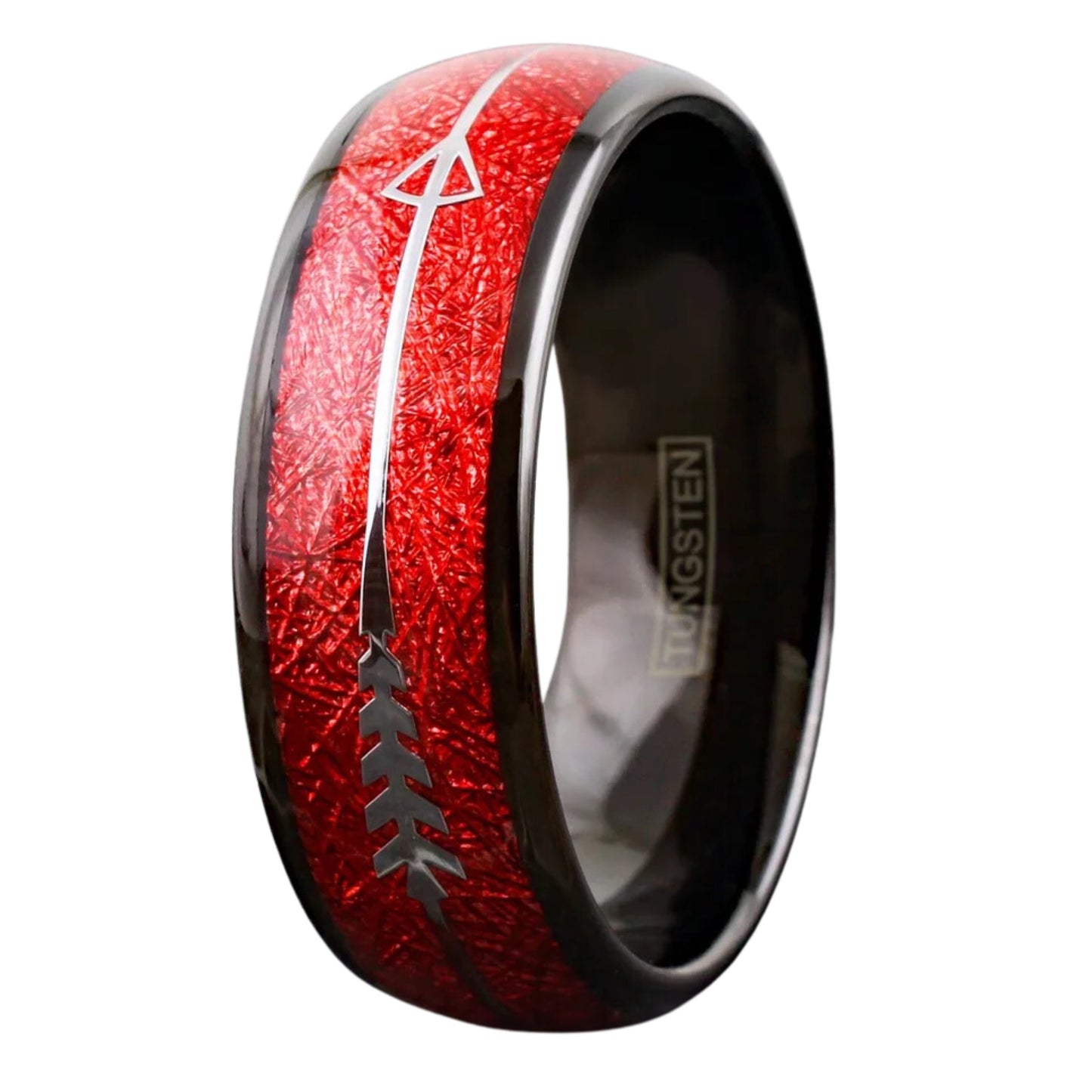 Engravable Red Meteorite w/ Silver Arrow Wedding Band | Black Tungsten Men's Ring | Father’s Day Gift