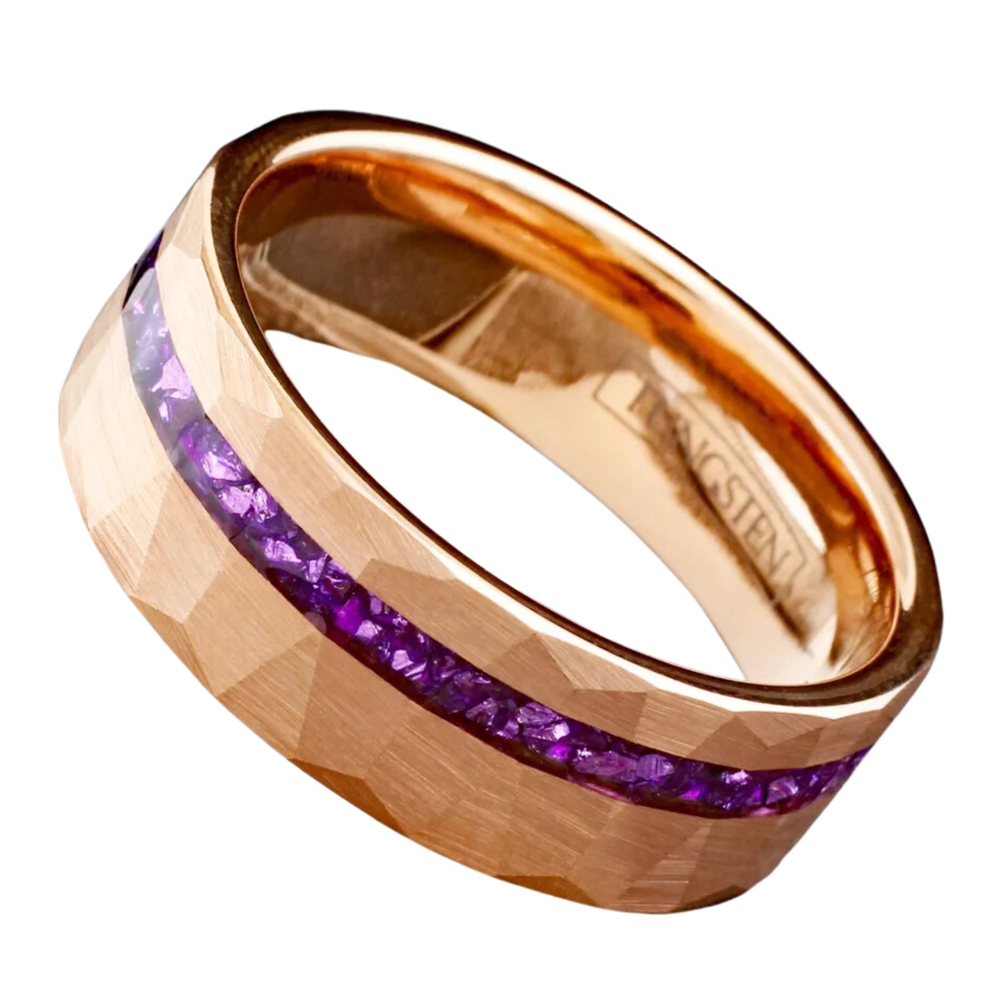 Beveled Purple Amethyst Wedding Band | Hammered Rose Gold Plated Tungsten Carbide Ring Band | Best Gift for Anniversary