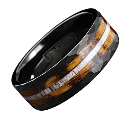Whiskey Barrel Wood and Deer Antler Inlay on Black Tungsten Ring | Classy Beige Ring for Men | Men’s Formal Accessories