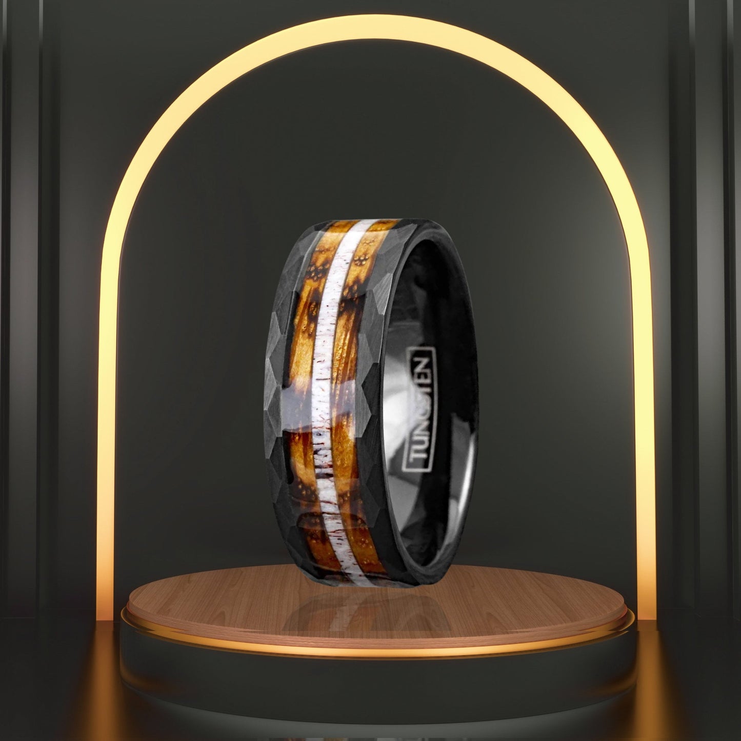 Whiskey Barrel Wood and Deer Antler Inlay on Black Tungsten Ring | Classy Beige Ring for Men | Men’s Formal Accessories