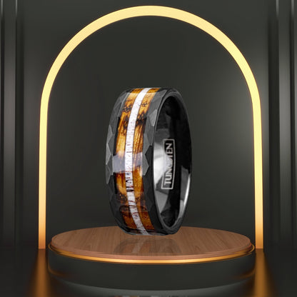Whiskey Barrel Wood and Deer Antler Inlay on Black Tungsten Ring | Classy Beige Ring for Men | Men’s Formal Accessories