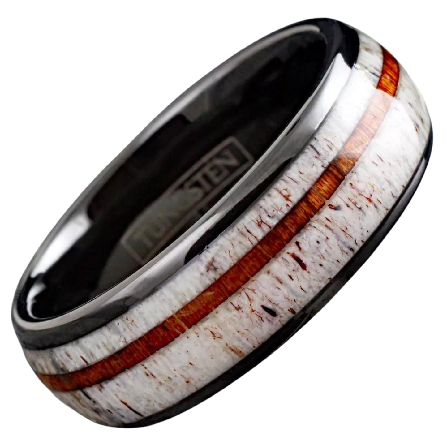 Men’s Deer Antler w/ Sandalwood Stripe Engagement Band | Black Tungsten Men's Ring | Gift for Father | Minimalist Gift