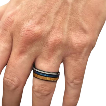 Blue Fishing Line, Deer Antler & Whiskey Barrel Wood Band for Men | Black Tungsten Men's Ring | Personalization Available