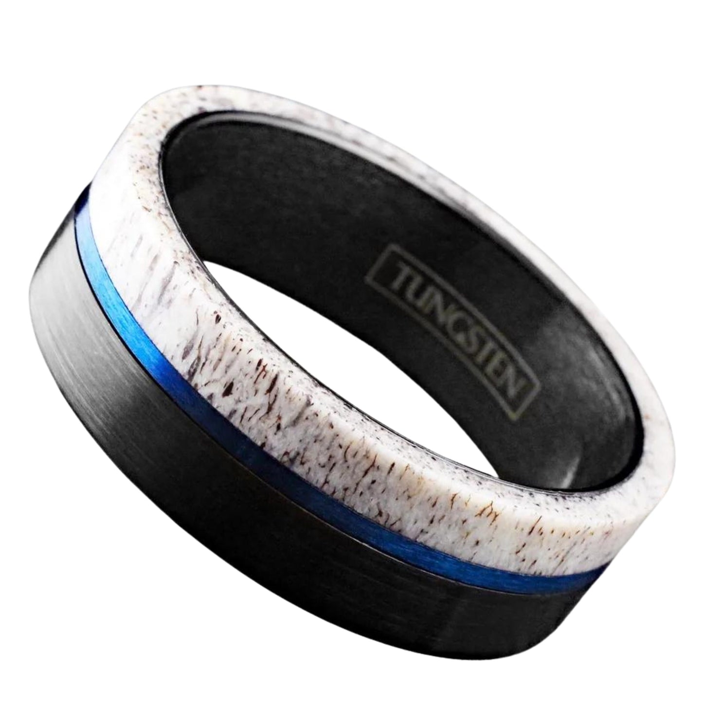 Customizable Men's Deer Antler w/ Blue Stripe Tungsten Ring | Wedding Band for Men | Gift for Him | Dainty Jewelry