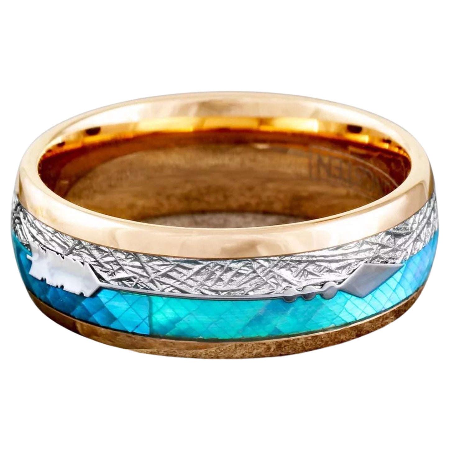 Personalized Rose Gold Plated Tungsten Ring | Faux Blue Opal & Meteorite Wedding Band Ring | Gift for Men