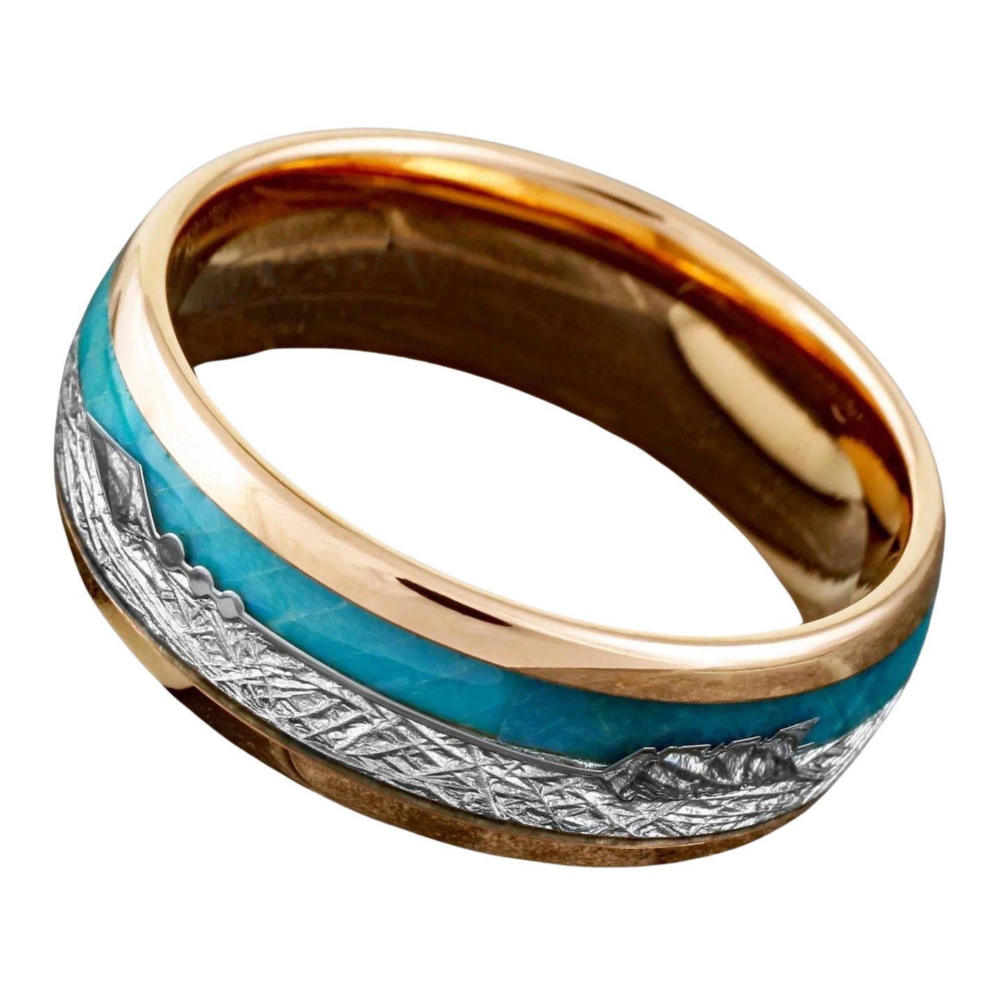 Personalized Rose Gold Plated Tungsten Ring | Faux Blue Opal & Meteorite Wedding Band Ring | Gift for Men