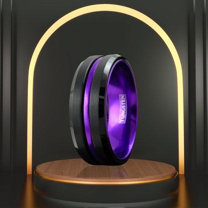 Personalized 6/8mm Purple Stripe Wedding Band | Black Tungsten Ring for Her | Engraving Available | Best Gift for Her