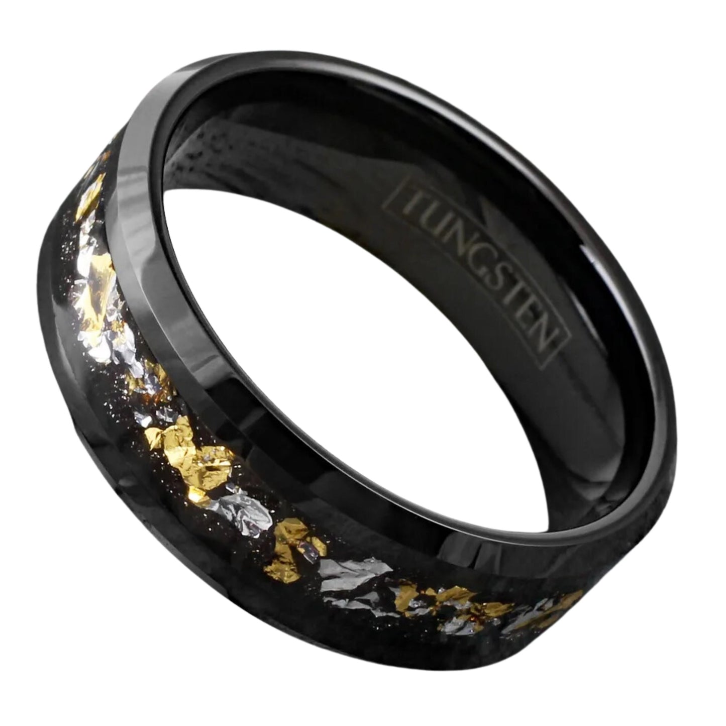 Gold & White Leaf Tungsten Carbide Ring, Black Men's Wedding Band Ring 24K, Minimalist Traditional Ring | 8mm Width