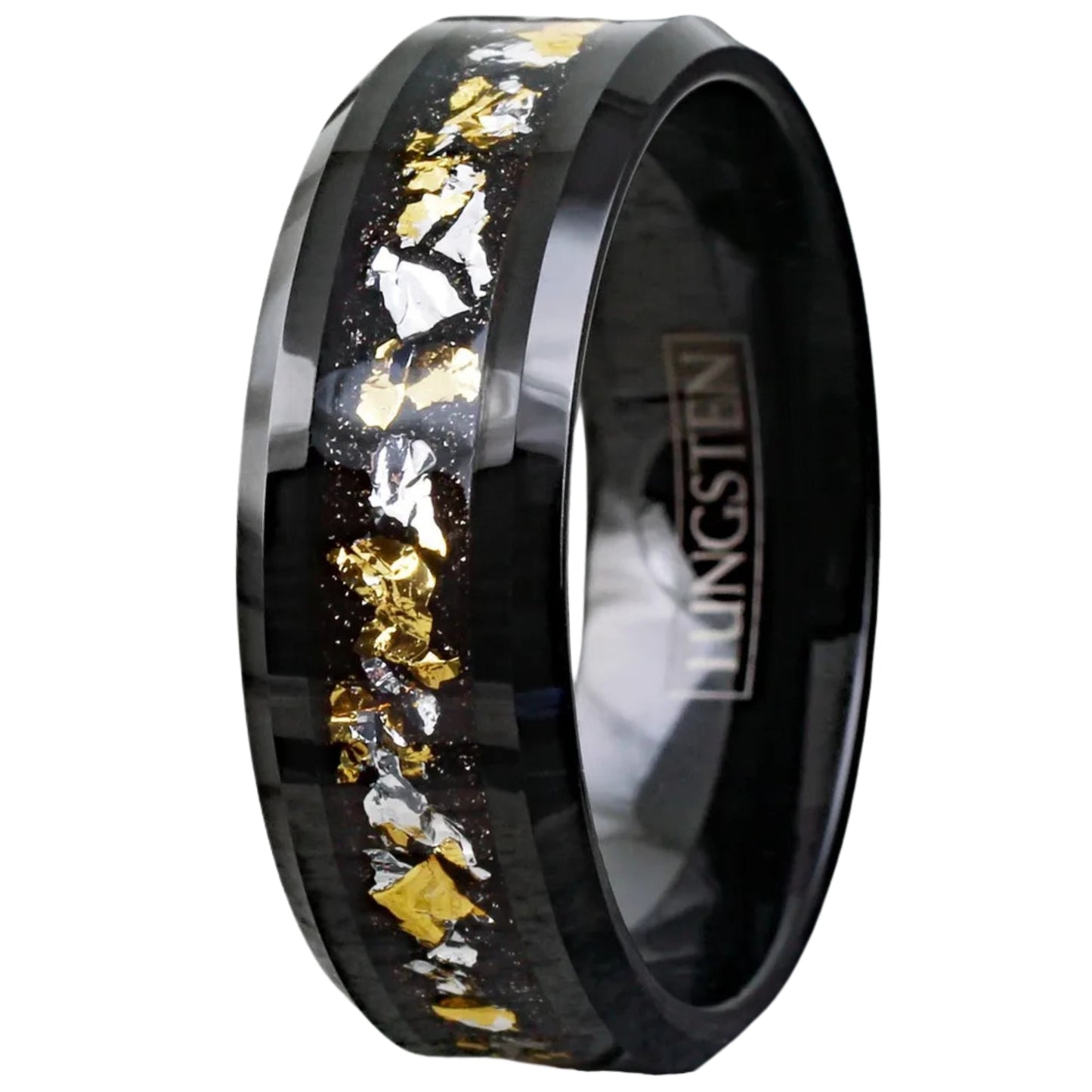 Gold & White Leaf Tungsten Carbide Ring, Black Men's Wedding Band Ring 24K, Minimalist Traditional Ring | 8mm Width