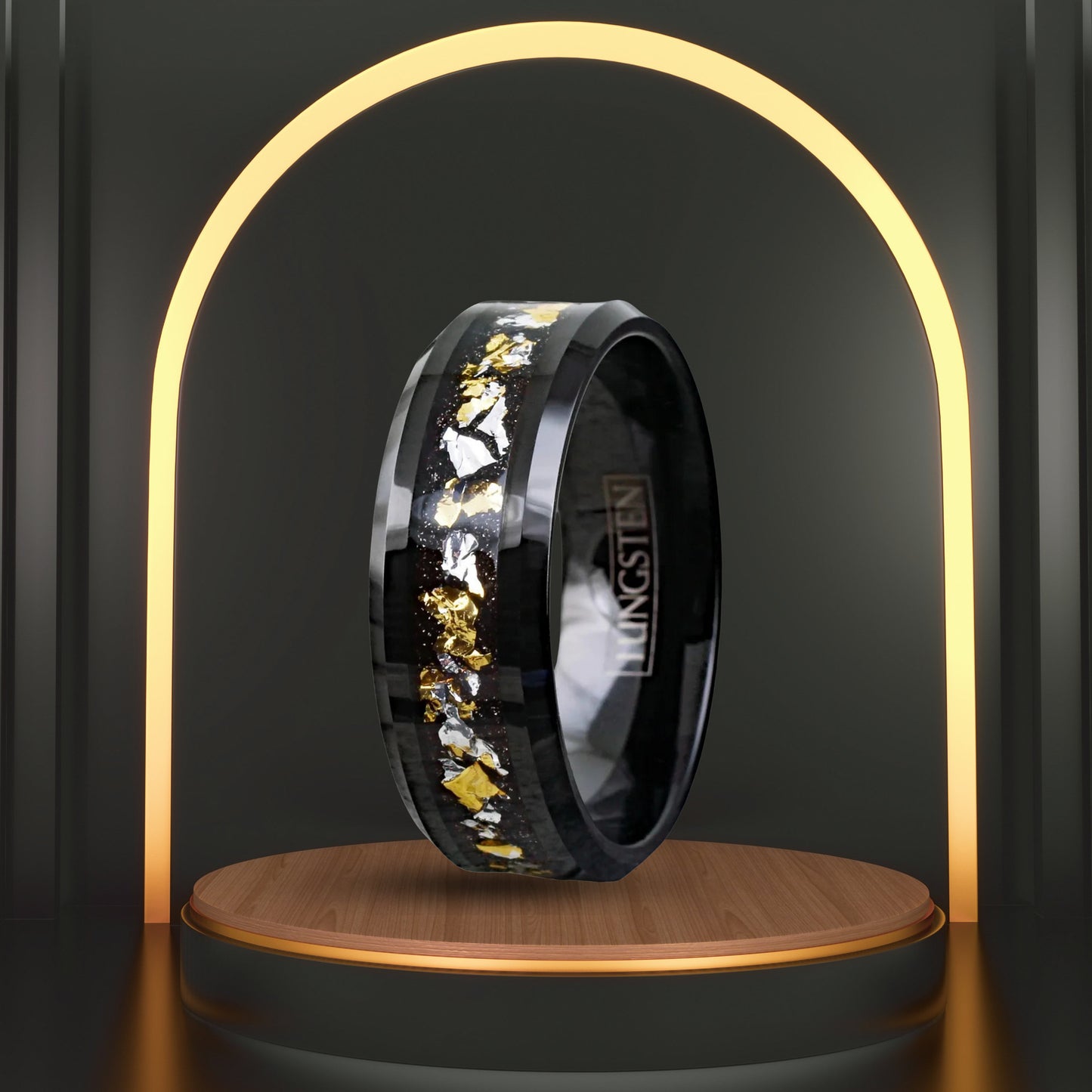 Gold & White Leaf Tungsten Carbide Ring, Black Men's Wedding Band Ring 24K, Minimalist Traditional Ring | 8mm Width